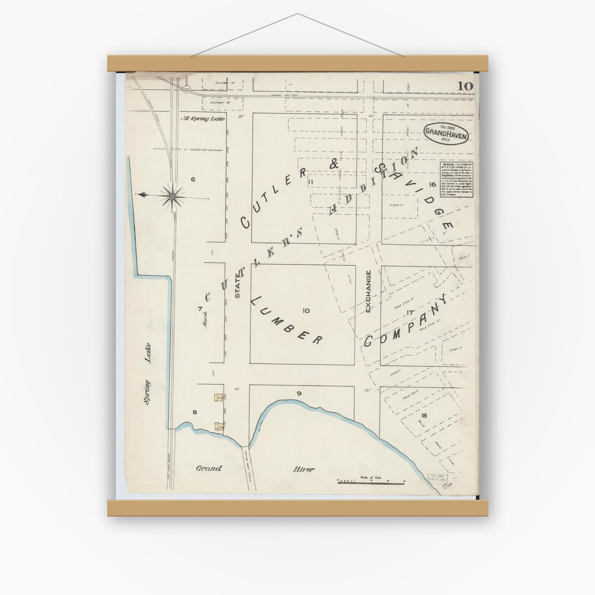 Old map wall art mockup — magnetic wood frame on white wall — Sanborn Fire Insurance Map from Grand Haven, Ottawa County, Michigan (1883), Sheet #0010
