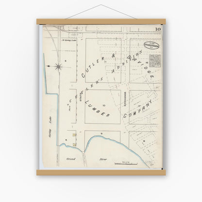 Old map wall art mockup — magnetic wood frame on white wall — Sanborn Fire Insurance Map from Grand Haven, Ottawa County, Michigan (1883), Sheet #0010