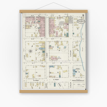 Old map wall art mockup — magnetic wood frame on white wall — Sanborn Fire Insurance Map from Faribault, Rice County, Minnesota (1889), Sheet #0003