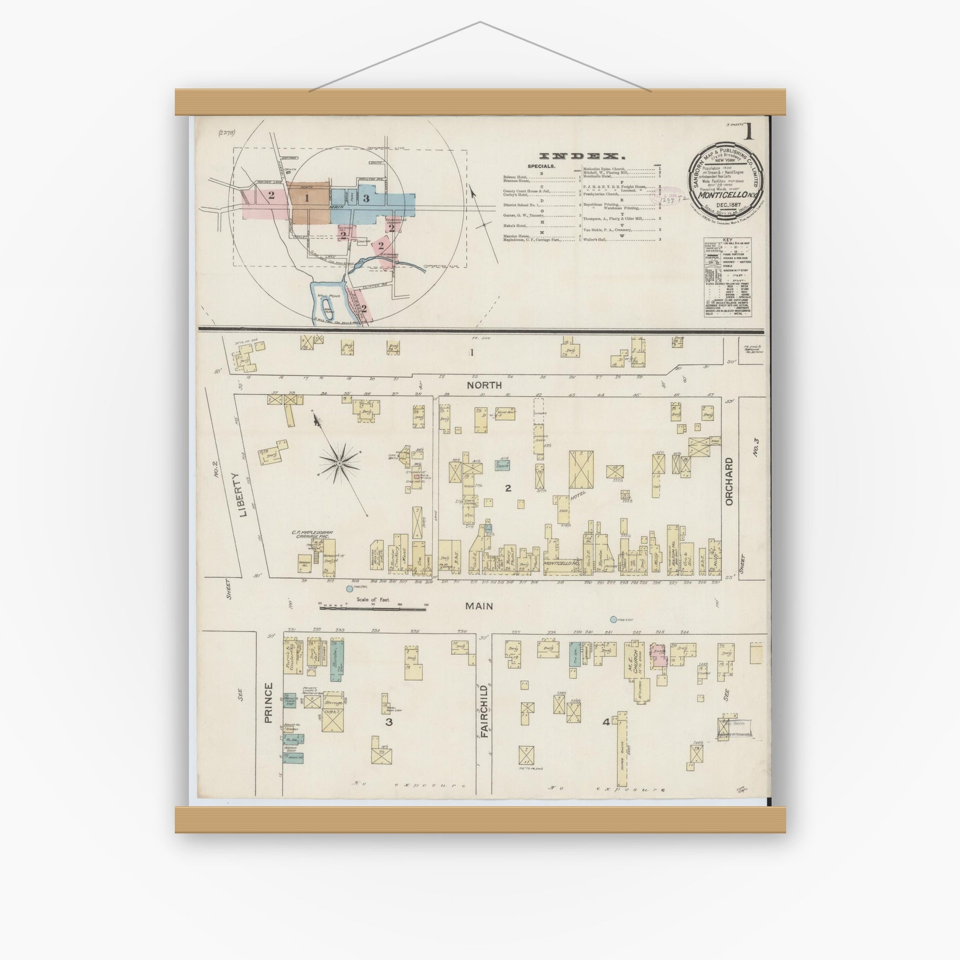 Old map wall art mockup — magnetic wood frame on white wall — Sanborn Fire Insurance Map from Monticello, Sullivan County, New York (1887) - Complete Map Set
