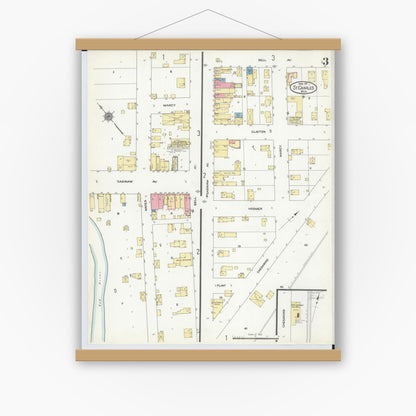 Old map wall art mockup — magnetic wood frame on white wall — Sanborn Fire Insurance Map from Saint Charles, Saginaw County, Michigan (1911), Sheet #0003