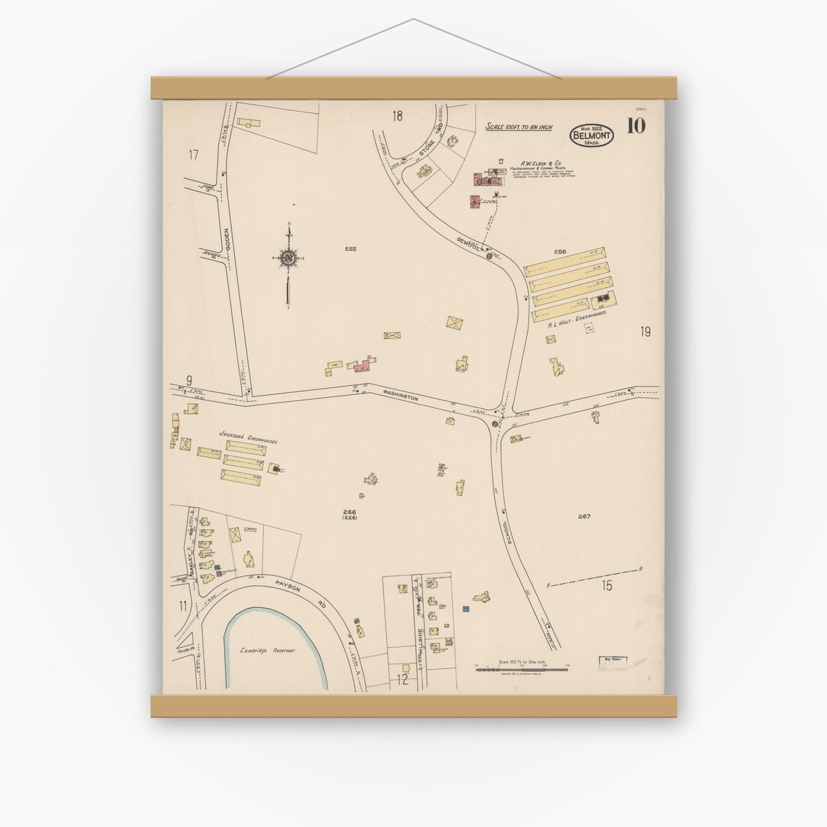 Old map wall art mockup — magnetic wood frame on white wall — Sanborn Fire Insurance Map from Belmont, Middlesex County, Massachusetts (1922), Sheet #0010