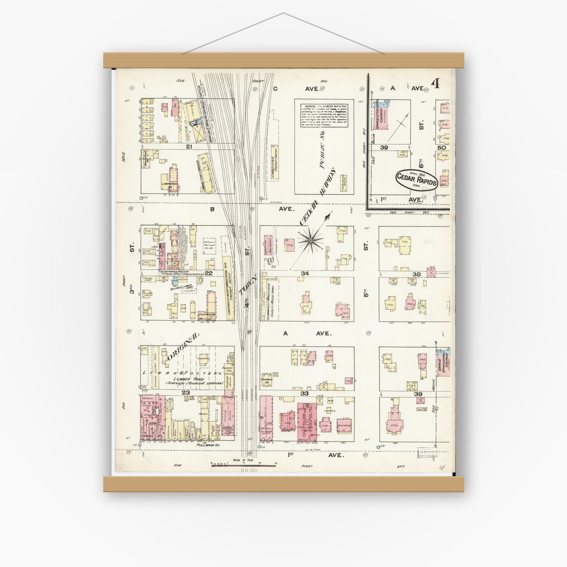 Old map wall art mockup — magnetic wood frame on white wall — Sanborn Fire Insurance Map from Cedar Rapids, Linn County, Iowa (1884), Sheet #0004