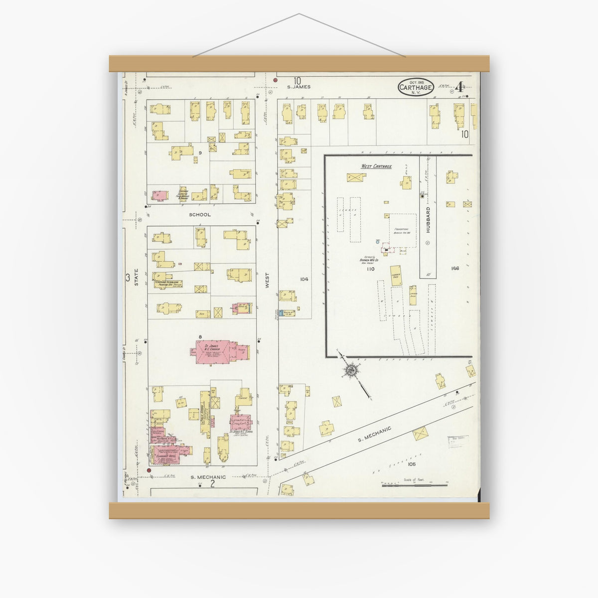 Old map wall art mockup — magnetic wood frame on white wall — Sanborn Fire Insurance Map from Carthage, Jefferson County, New York (1915), Sheet #0004