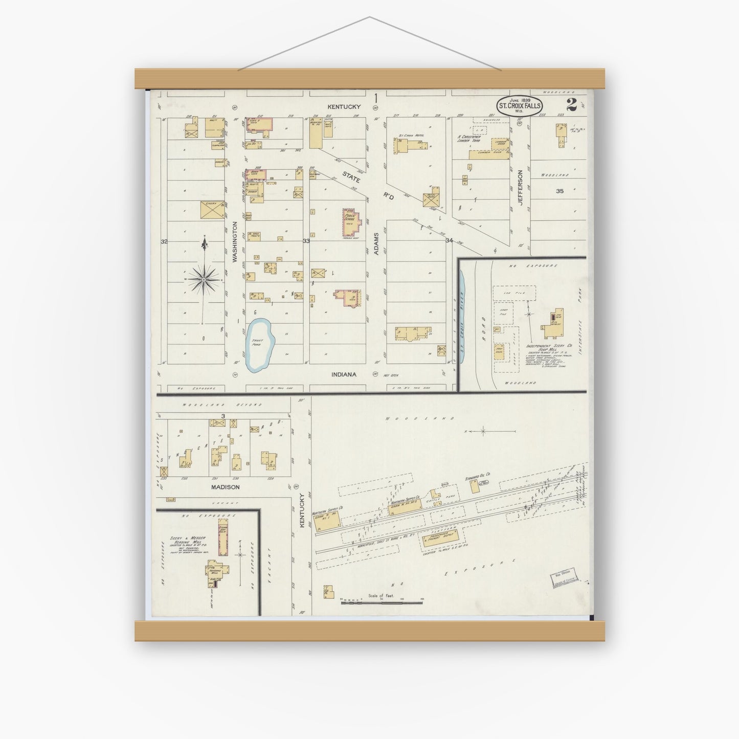 Old map wall art mockup — magnetic wood frame on white wall — Sanborn Fire Insurance Map from Saint Croix Falls, Polk County, Wisconsin (1899), Sheet #0002