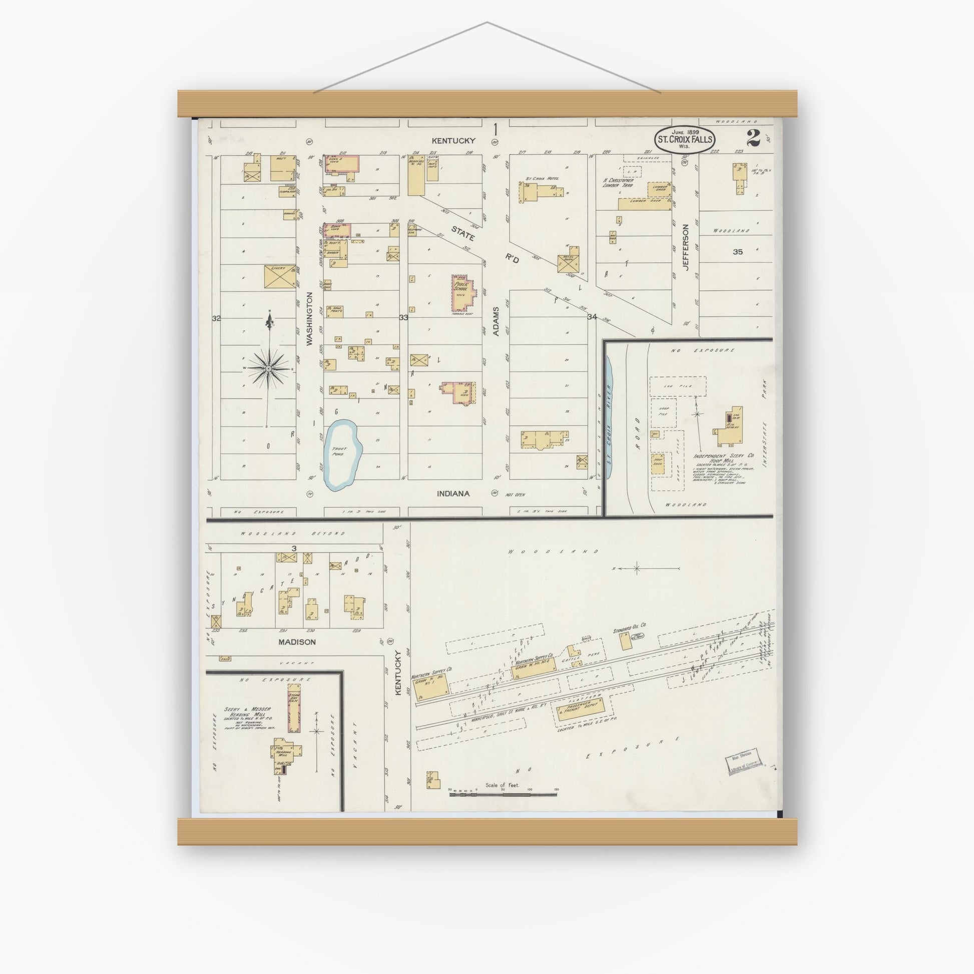 Old map wall art mockup — magnetic wood frame on white wall — Sanborn Fire Insurance Map from Saint Croix Falls, Polk County, Wisconsin (1899), Sheet #0002