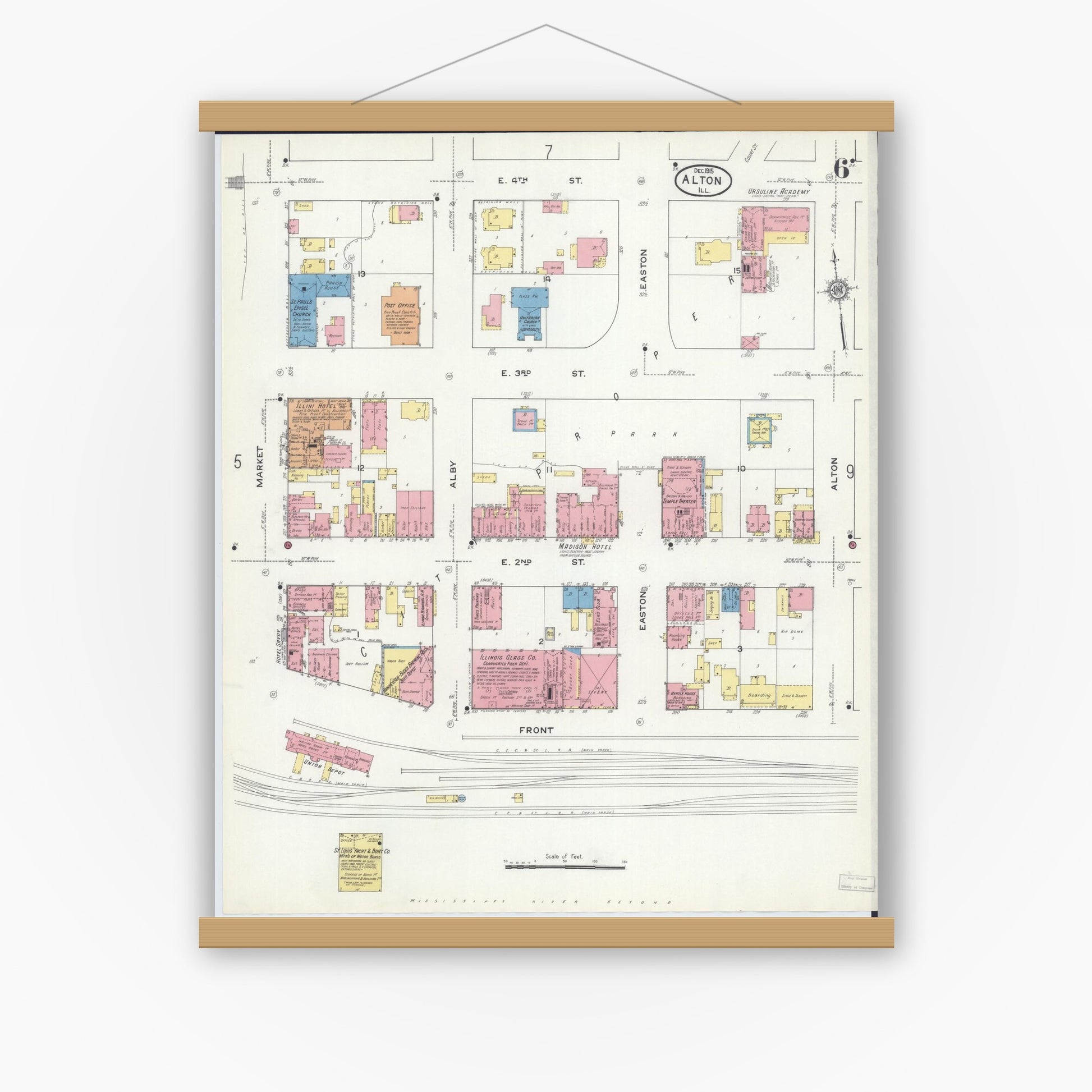 Old map wall art mockup — magnetic wood frame on white wall — Sanborn Fire Insurance Map from Alton, Madison County, Illinois (1915), Sheet #0006