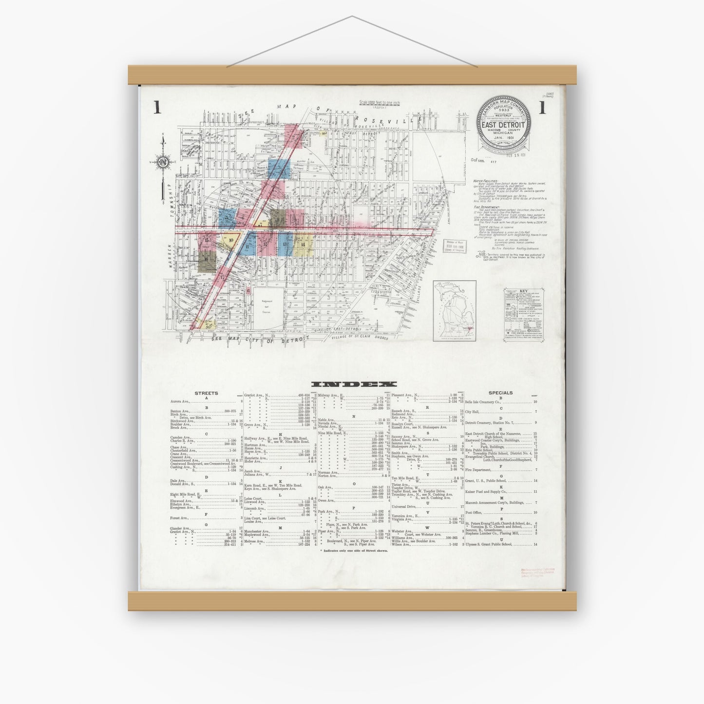 Old map wall art mockup — magnetic wood frame on white wall — Sanborn Fire Insurance Map from East Detroit, Macomb County, Michigan (1931) - Complete Map Set
