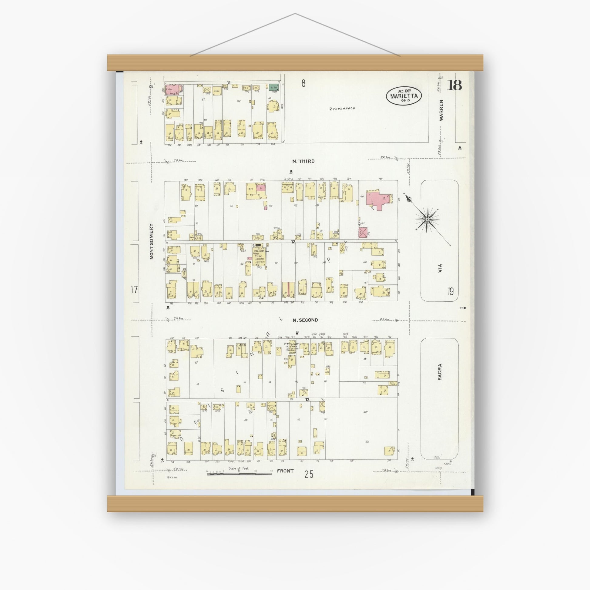 Old map wall art mockup — magnetic wood frame on white wall — Sanborn Fire Insurance Map from Marietta, Washington County, Ohio (1907), Sheet #0018