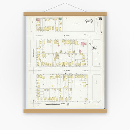 Old map wall art mockup — magnetic wood frame on white wall — Sanborn Fire Insurance Map from Marietta, Washington County, Ohio (1907), Sheet #0018
