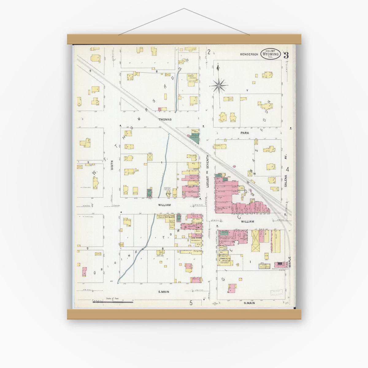 Old map wall art mockup — magnetic wood frame on white wall — Sanborn Fire Insurance Map from Wyoming, Stark County, Illinois (1907), Sheet #0003