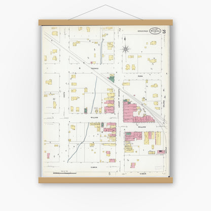 Old map wall art mockup — magnetic wood frame on white wall — Sanborn Fire Insurance Map from Wyoming, Stark County, Illinois (1907), Sheet #0003