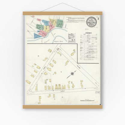 Old map wall art mockup — magnetic wood frame on white wall — Sanborn Fire Insurance Map from South Hadley Falls, Hampshire County, Massachusetts (1910), Sheet #0001