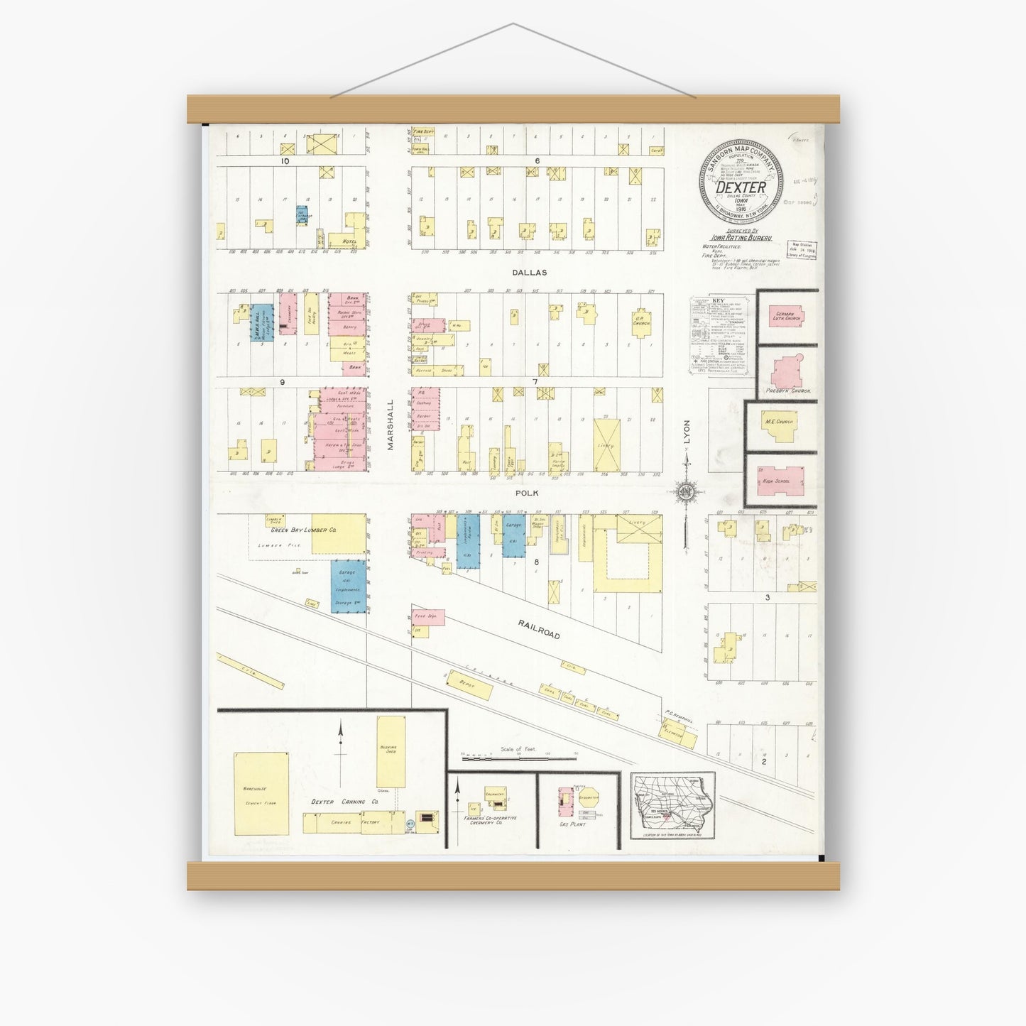 Old map wall art mockup — magnetic wood frame on white wall — Sanborn Fire Insurance Map from Dexter, Dallas County, Iowa (1916), Sheet #0001