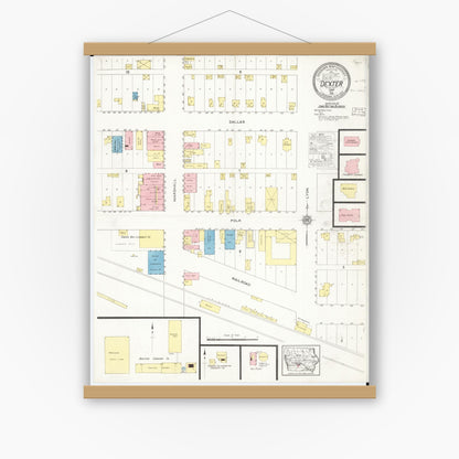 Old map wall art mockup — magnetic wood frame on white wall — Sanborn Fire Insurance Map from Dexter, Dallas County, Iowa (1916), Sheet #0001