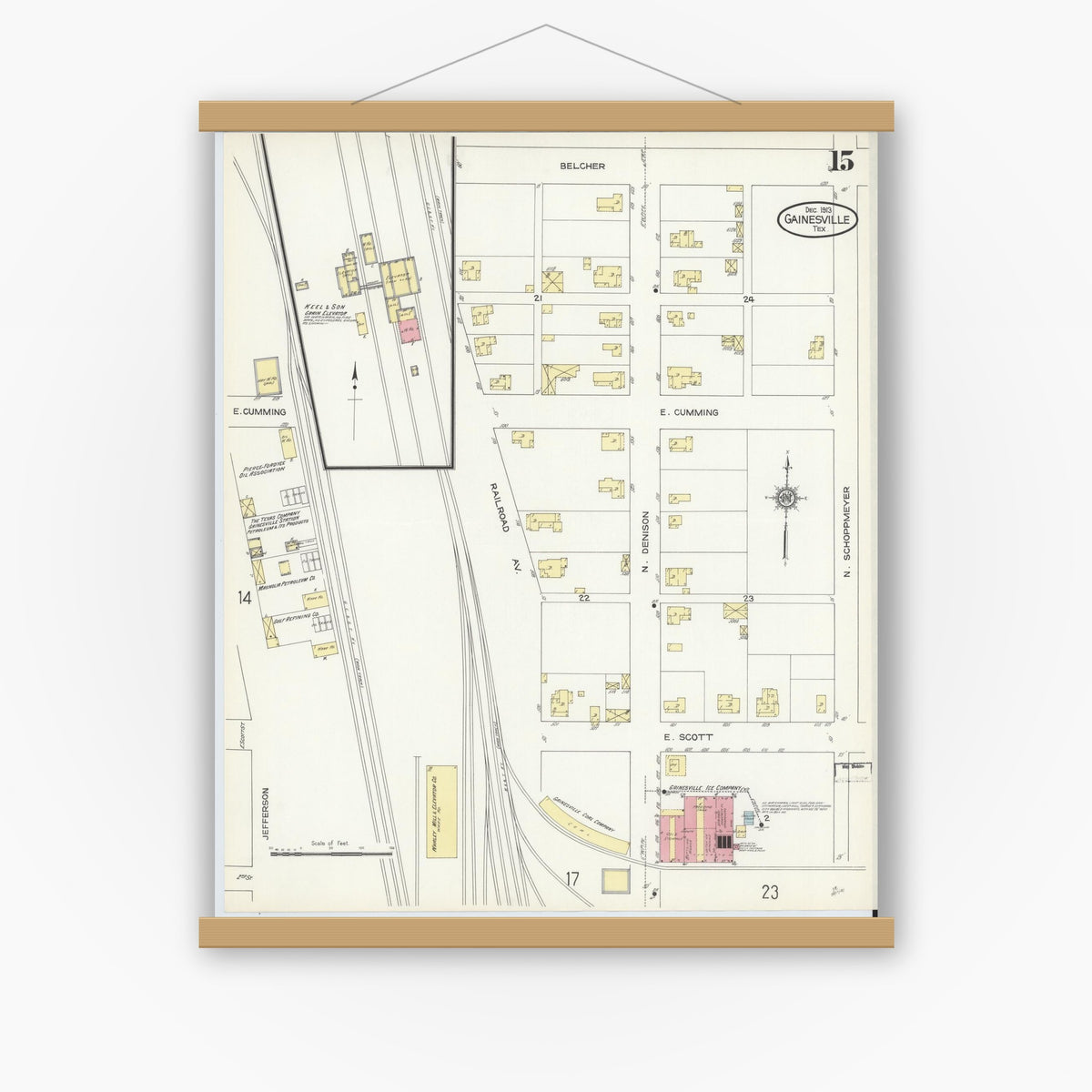 Old map wall art mockup — magnetic wood frame on white wall — Sanborn Fire Insurance Map from Gainesville, Cooke County, Texas (1913), Sheet #0015