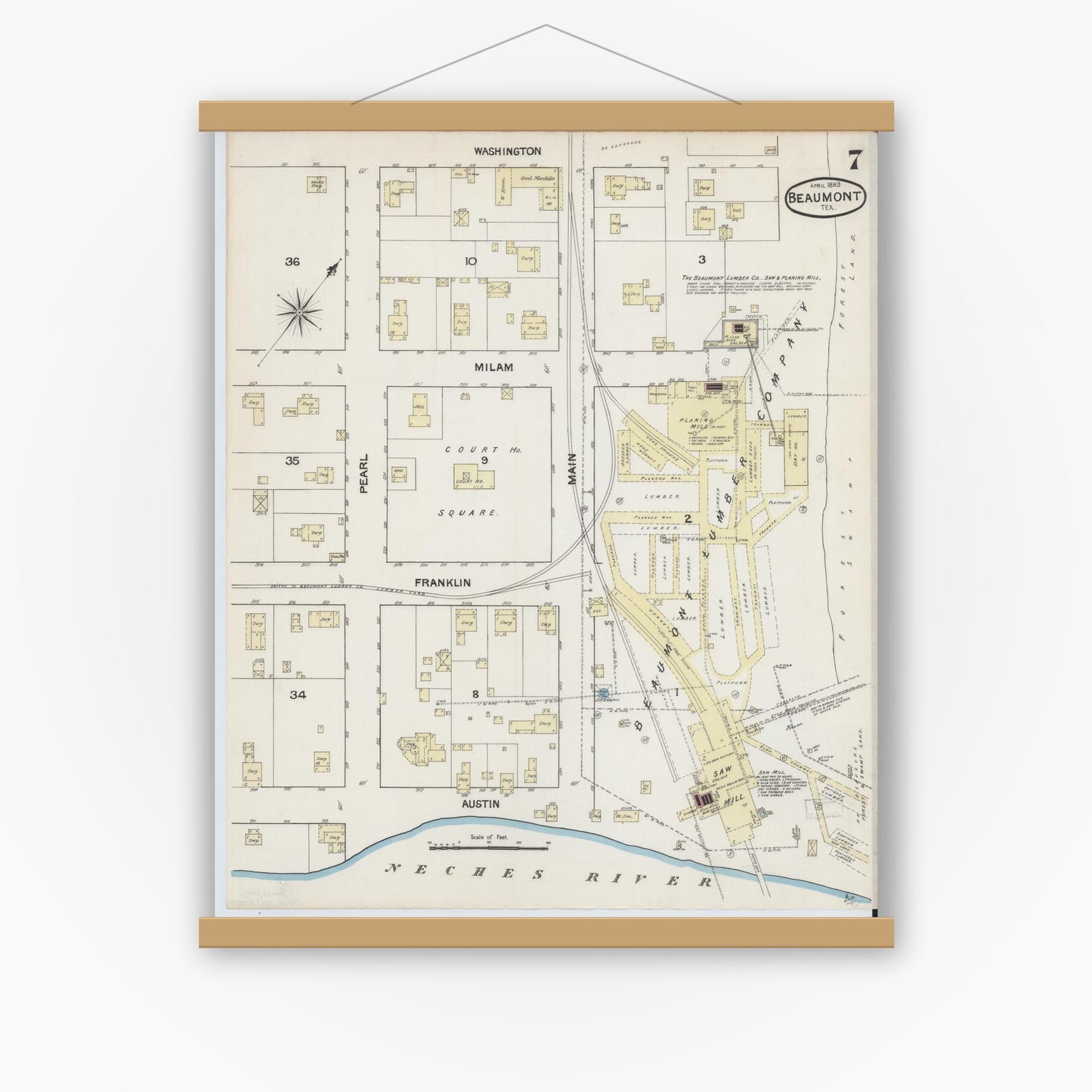 Old map wall art mockup — magnetic wood frame on white wall — Sanborn Fire Insurance Map from Beaumont, Jefferson County, Texas (1889), Sheet #0007