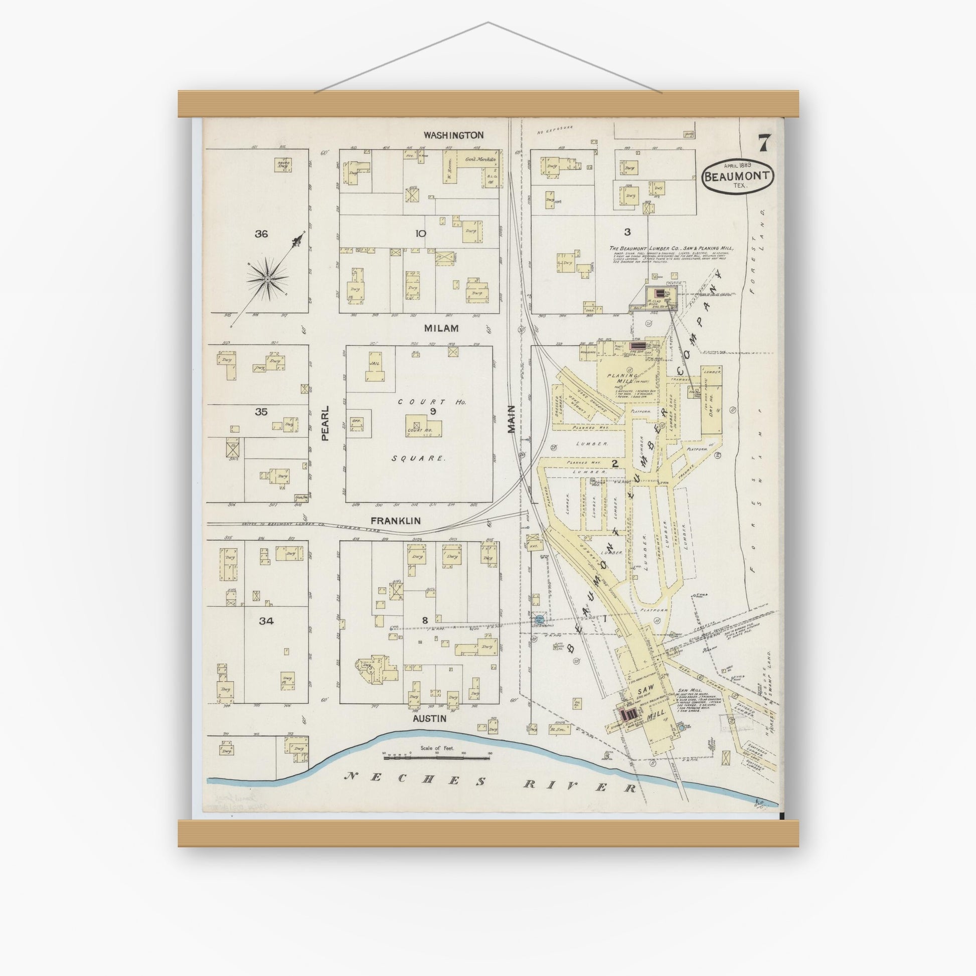 Old map wall art mockup — magnetic wood frame on white wall — Sanborn Fire Insurance Map from Beaumont, Jefferson County, Texas (1889), Sheet #0007