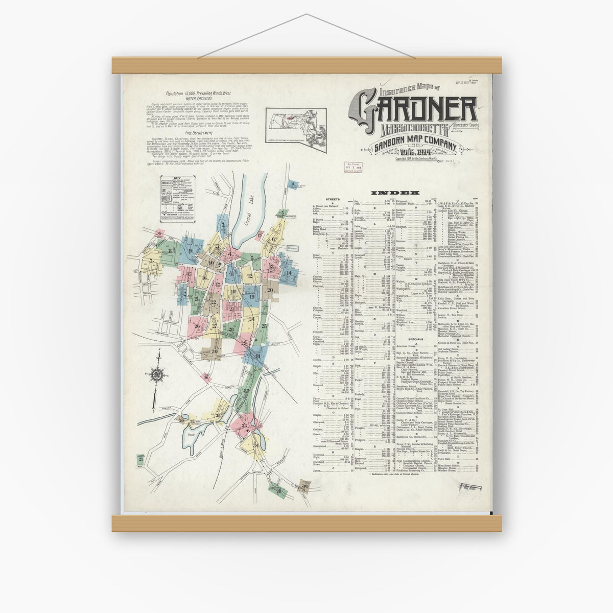 Old map wall art mockup — magnetic wood frame on white wall — Sanborn Fire Insurance Map from Gardner, Worcester County, Massachusetts (1914) - Complete Map Set