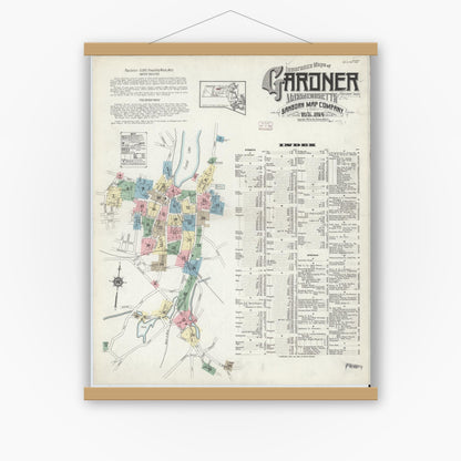 Old map wall art mockup — magnetic wood frame on white wall — Sanborn Fire Insurance Map from Gardner, Worcester County, Massachusetts (1914) - Complete Map Set
