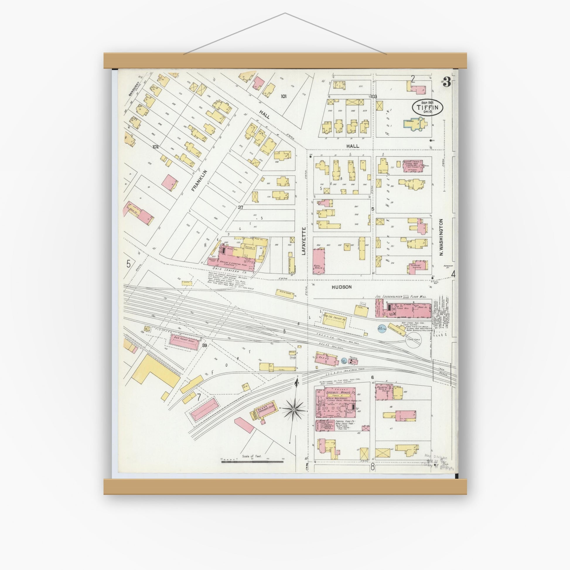 Old map wall art mockup — magnetic wood frame on white wall — Sanborn Fire Insurance Map from Tiffin, Seneca County, Ohio (1901), Sheet #0003
