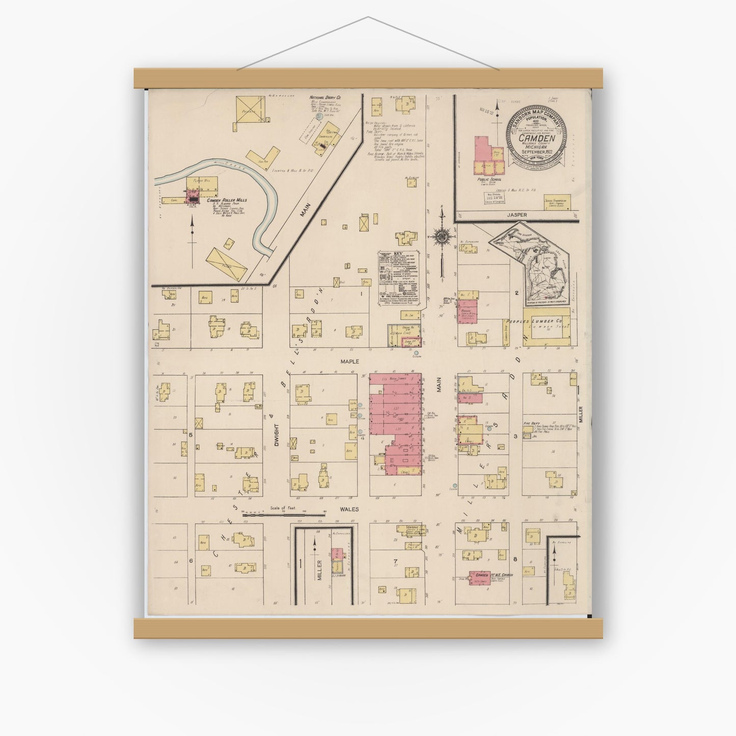 Old map wall art mockup — magnetic wood frame on white wall — Sanborn Fire Insurance Map from Camden, Hillsdale County, Michigan (1922), Sheet #0001