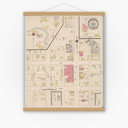 Old map wall art mockup — magnetic wood frame on white wall — Sanborn Fire Insurance Map from Camden, Hillsdale County, Michigan (1922), Sheet #0001
