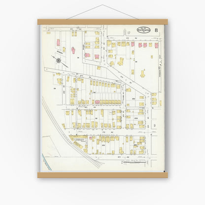 Old map wall art mockup — magnetic wood frame on white wall — Sanborn Fire Insurance Map from New Brighton, Beaver County, Pennsylvania (1918), Sheet #0008