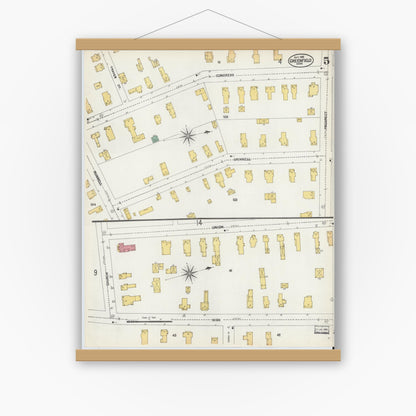 Old map wall art mockup — magnetic wood frame on white wall — Sanborn Fire Insurance Map from Greenfield, Franklin County, Massachusetts (1902), Sheet #0005