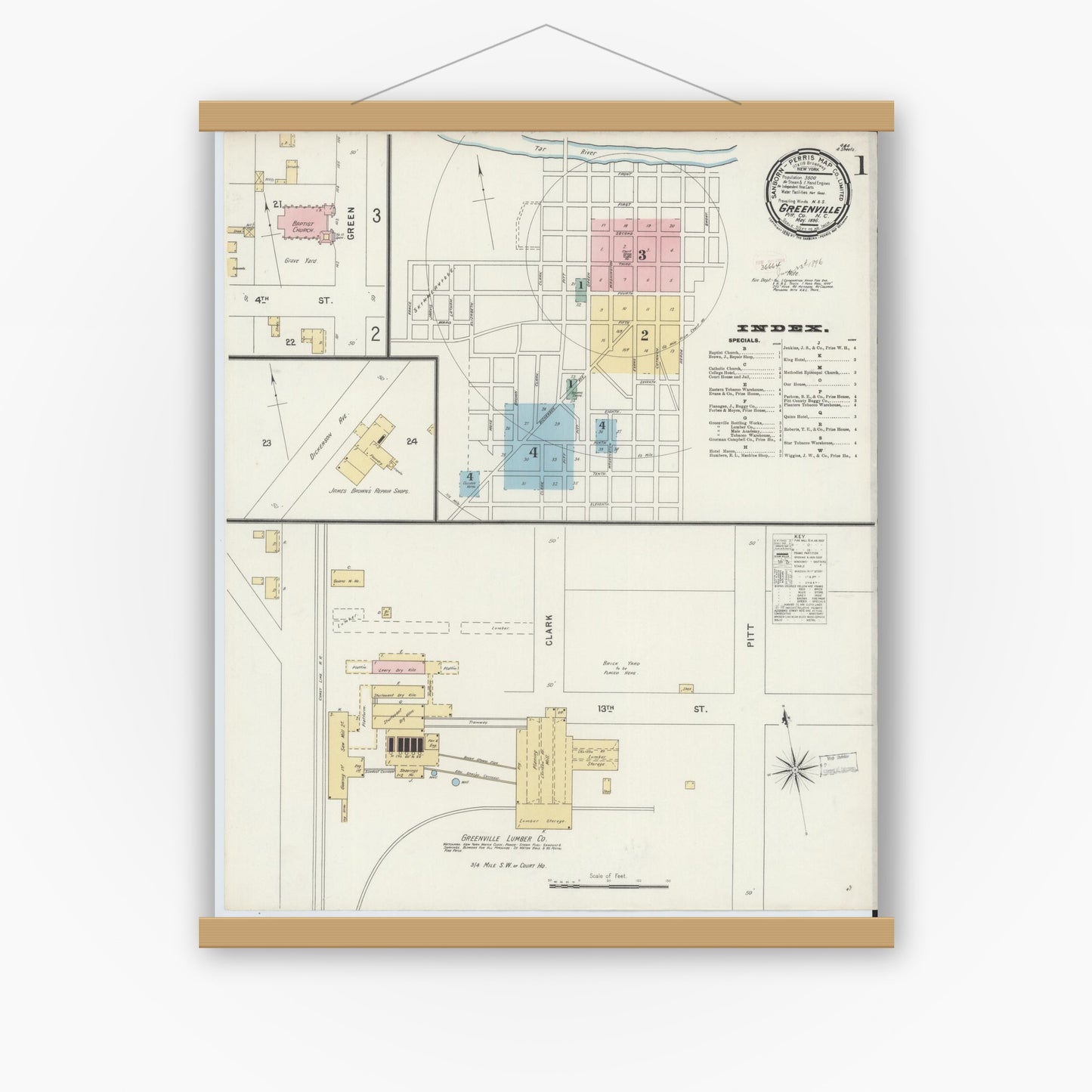Old map wall art mockup — magnetic wood frame on white wall — Sanborn Fire Insurance Map from Greenville, Pitt County, North Carolina (1896) - Complete Map Set