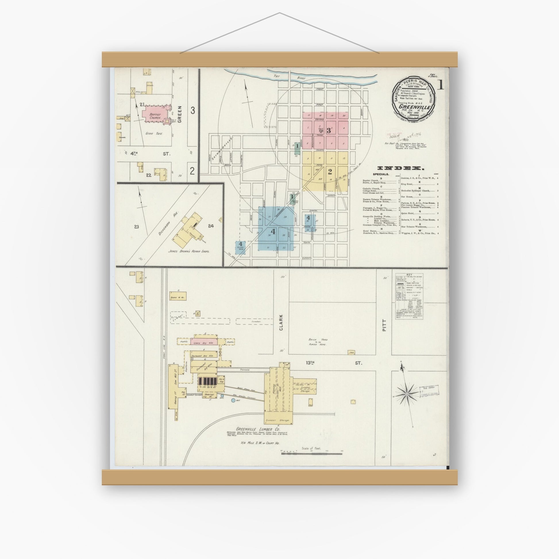 Old map wall art mockup — magnetic wood frame on white wall — Sanborn Fire Insurance Map from Greenville, Pitt County, North Carolina (1896) - Complete Map Set