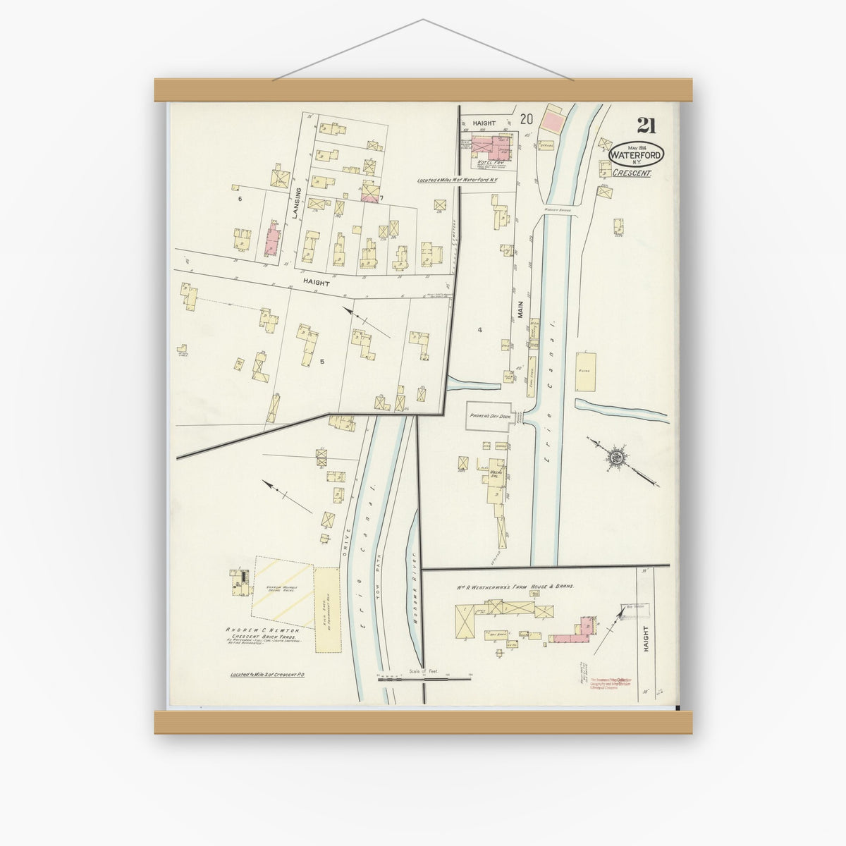Old map wall art mockup — magnetic wood frame on white wall — Sanborn Fire Insurance Map from Waterford, Saratoga County, New York (1914), Sheet #0021