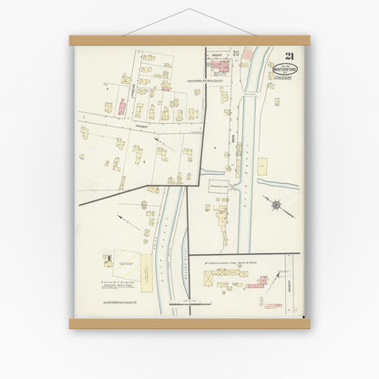 Old map wall art mockup — magnetic wood frame on white wall — Sanborn Fire Insurance Map from Waterford, Saratoga County, New York (1914), Sheet #0021