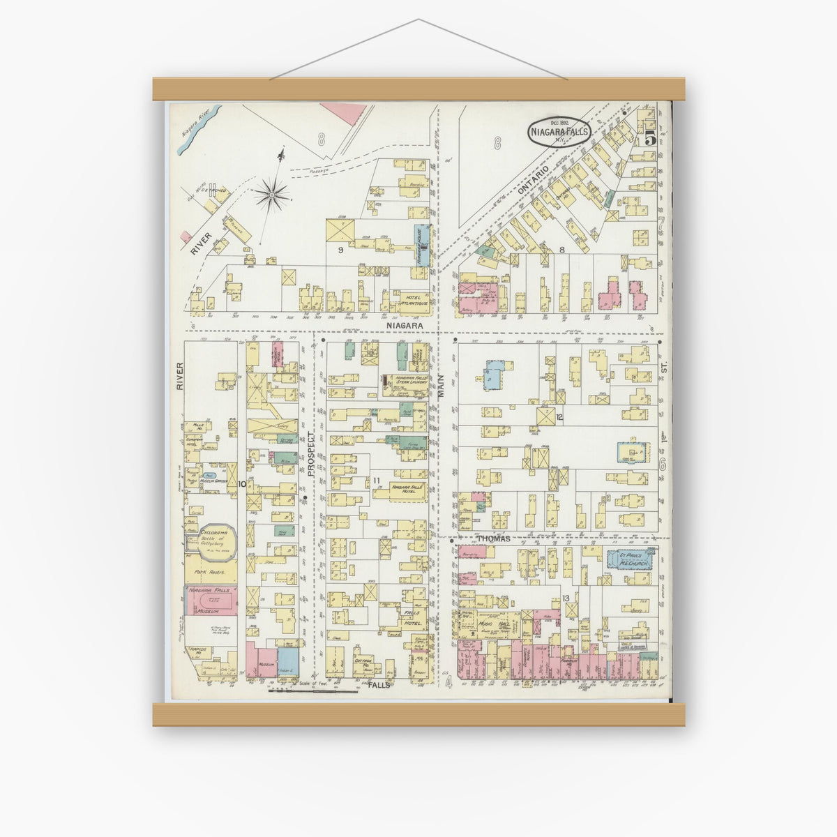 Old map wall art mockup — magnetic wood frame on white wall — Sanborn Fire Insurance Map from Niagara Falls, Niagara County, New York (1892), Sheet #0005