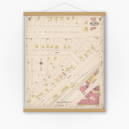 Old map wall art mockup — magnetic wood frame on white wall — Sanborn Fire Insurance Map from Wellington, Lorain County, Ohio (1922), Sheet #0002