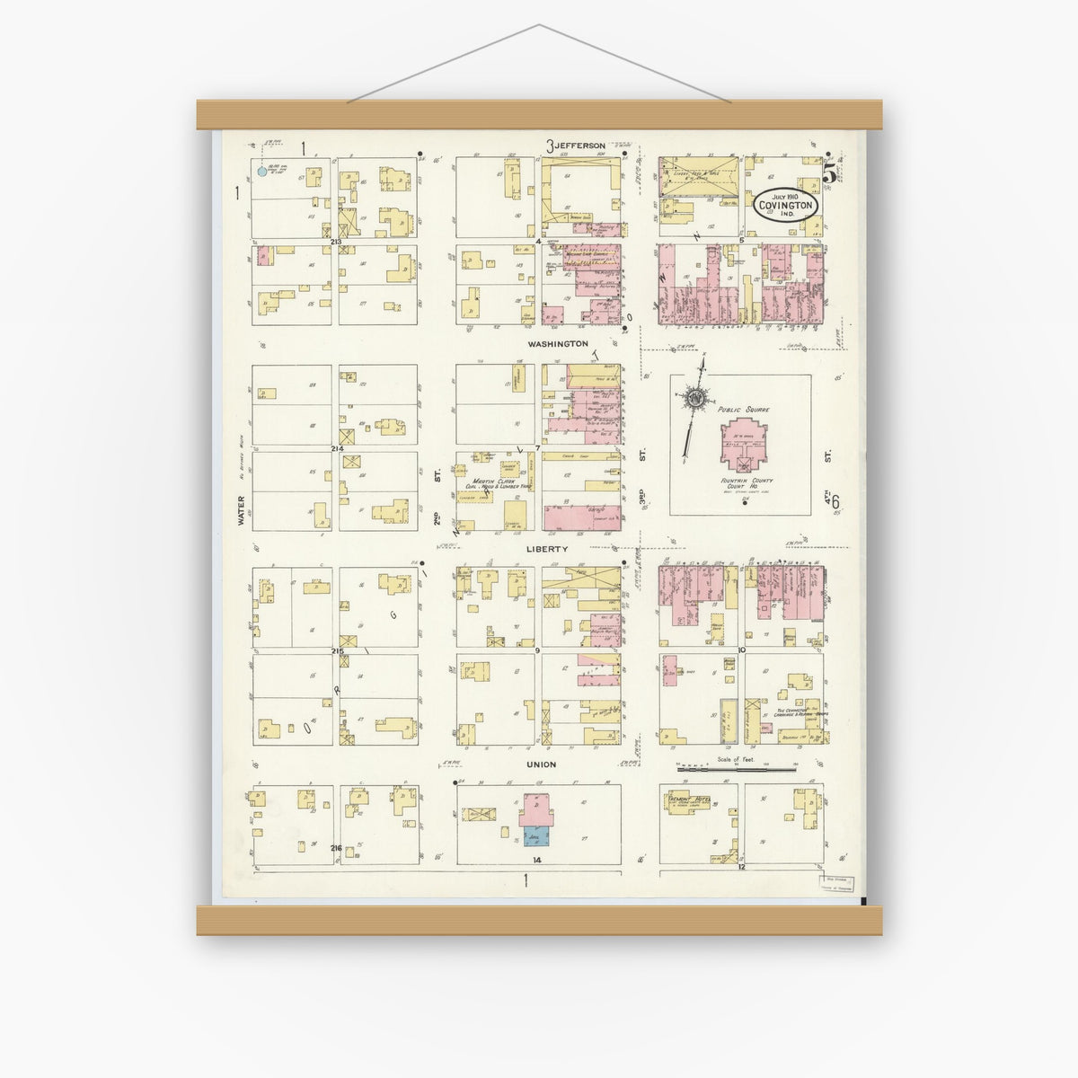 Old map wall art mockup — magnetic wood frame on white wall — Sanborn Fire Insurance Map from Covington, Fountain County, Indiana (1910), Sheet #0005