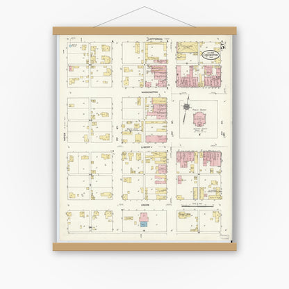 Old map wall art mockup — magnetic wood frame on white wall — Sanborn Fire Insurance Map from Covington, Fountain County, Indiana (1910), Sheet #0005
