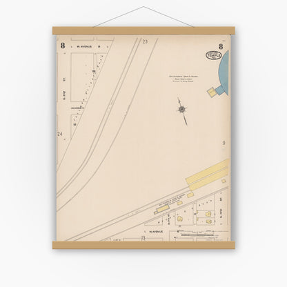 Old map wall art mockup — magnetic wood frame on white wall — Sanborn Fire Insurance Map from Temple, Bell County, Texas (1922), Sheet #0008
