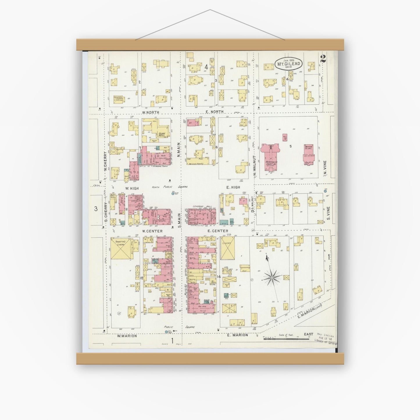 Old map wall art mockup — magnetic wood frame on white wall — Sanborn Fire Insurance Map from Mount Gilead, Morrow County, Ohio (1903), Sheet #0002