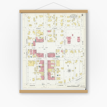 Old map wall art mockup — magnetic wood frame on white wall — Sanborn Fire Insurance Map from Mount Gilead, Morrow County, Ohio (1903), Sheet #0002
