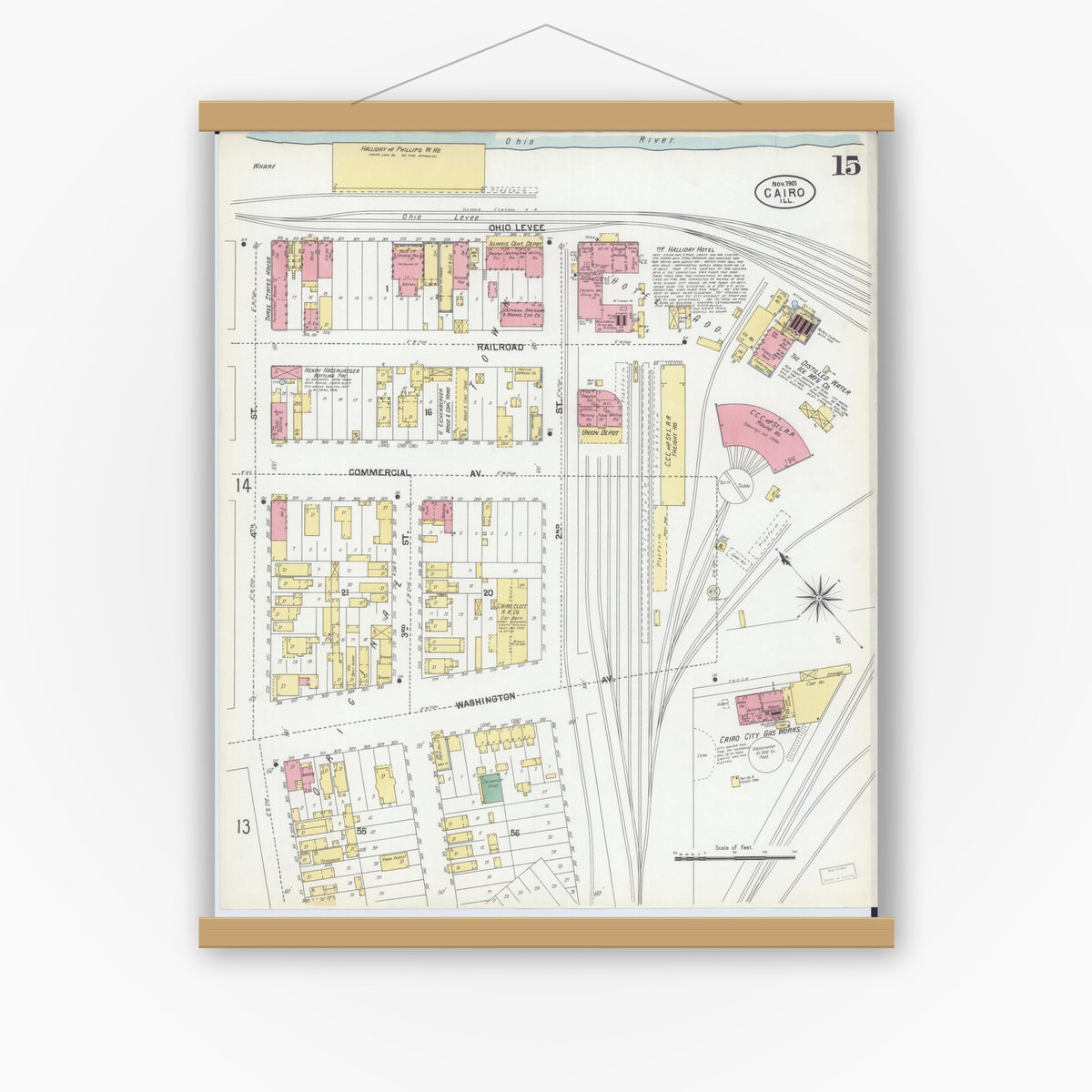 Old map wall art mockup — magnetic wood frame on white wall — Sanborn Fire Insurance Map from Cairo, Alexander County, Illinois (1901), Sheet #0015