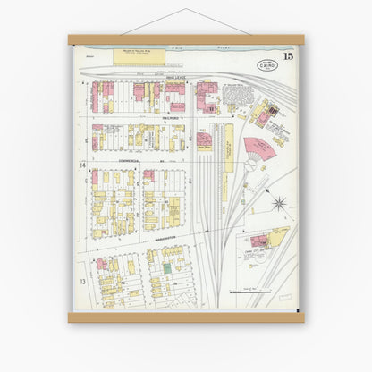 Old map wall art mockup — magnetic wood frame on white wall — Sanborn Fire Insurance Map from Cairo, Alexander County, Illinois (1901), Sheet #0015