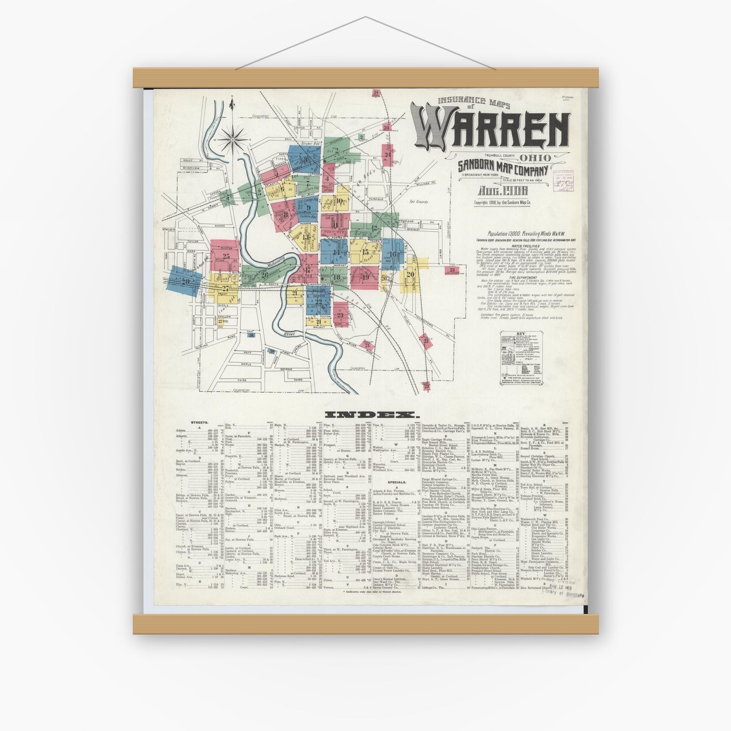 Old map wall art mockup — magnetic wood frame on white wall — Sanborn Fire Insurance Map from Warren, Trumbull County, Ohio (1908), Sheet #0001