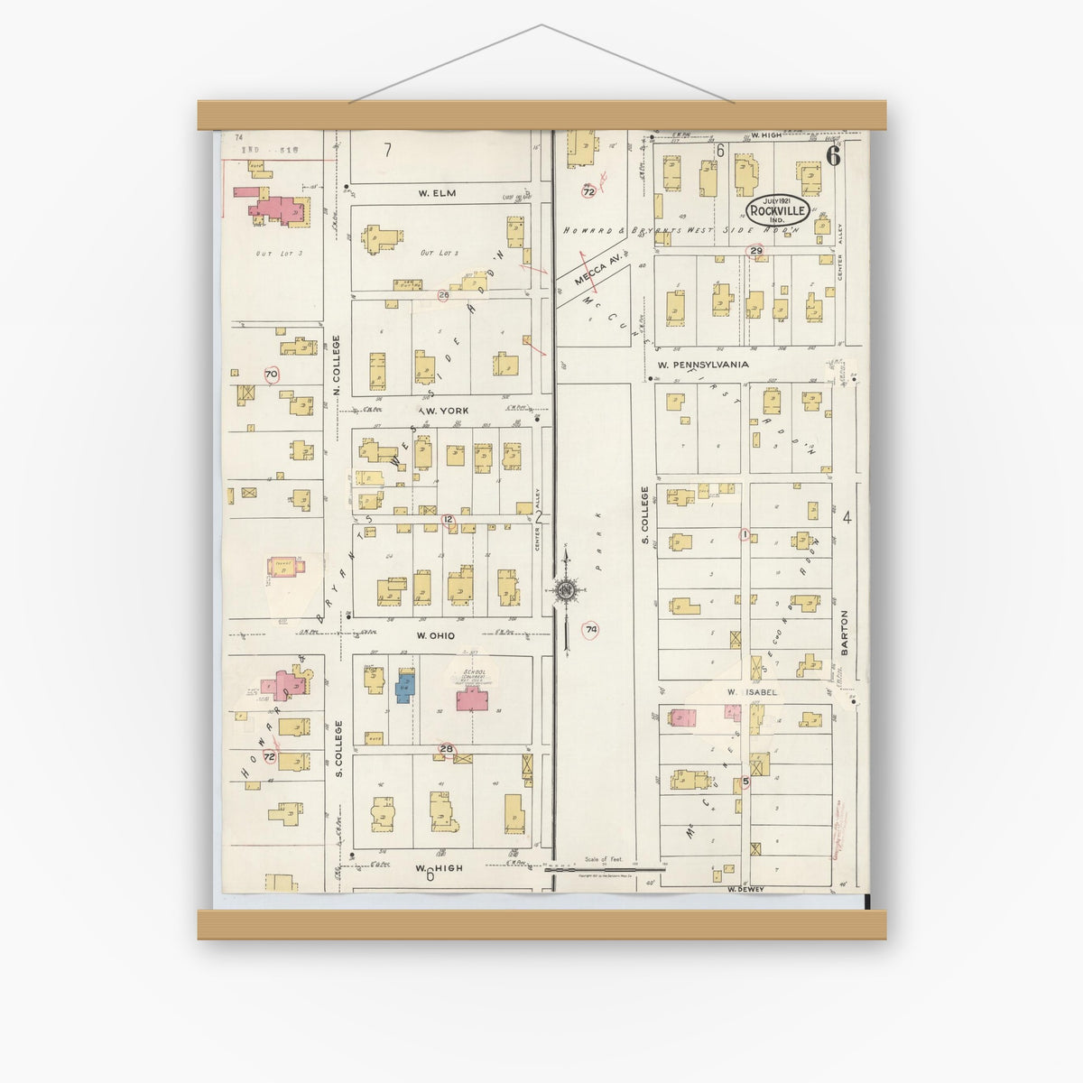 Old map wall art mockup — magnetic wood frame on white wall — Sanborn Fire Insurance Map from Rockville, Parke County, Indiana (1932), Sheet #0006