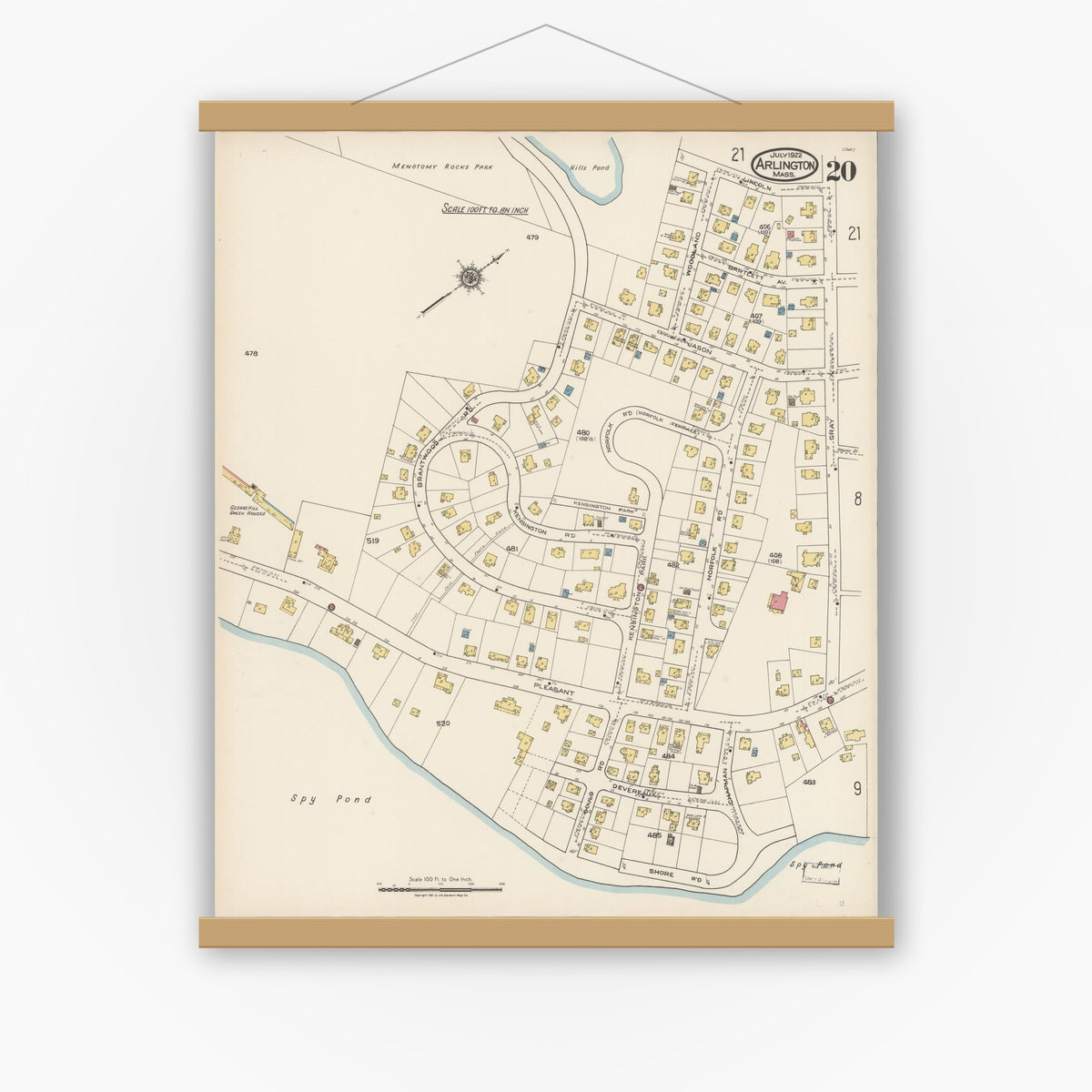 Old map wall art mockup — magnetic wood frame on white wall — Sanborn Fire Insurance Map from Arlington, Middlesex County, Massachusetts (1922), Sheet #0020