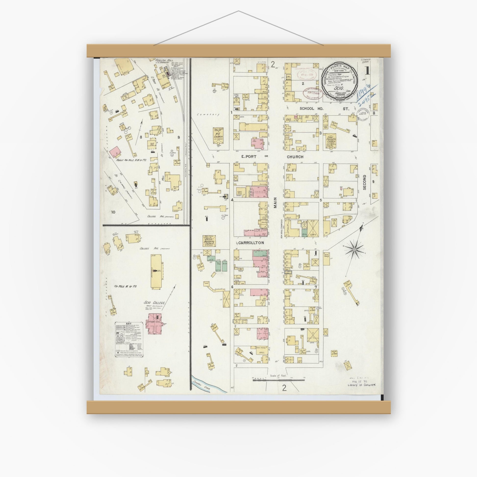 Old map wall art mockup — magnetic wood frame on white wall — Sanborn Fire Insurance Map from Scio, Harrison County, Ohio (1899), Sheet #0001