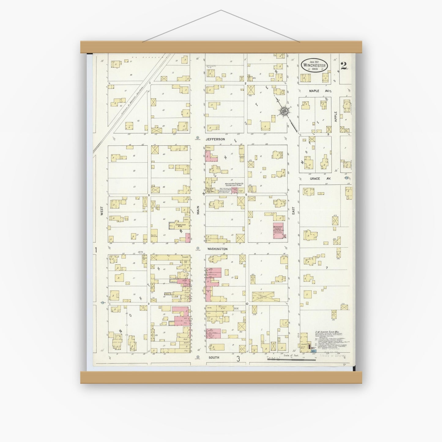 Old map wall art mockup — magnetic wood frame on white wall — Sanborn Fire Insurance Map from Winchester, Adams County, Ohio (1912), Sheet #0002