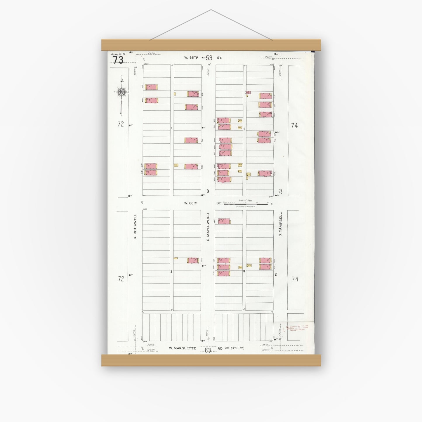 Old map wall art mockup — magnetic wood frame on white wall — Sanborn Fire Insurance Map from Chicago, Cook County, Illinois (1920), Sheet #0073