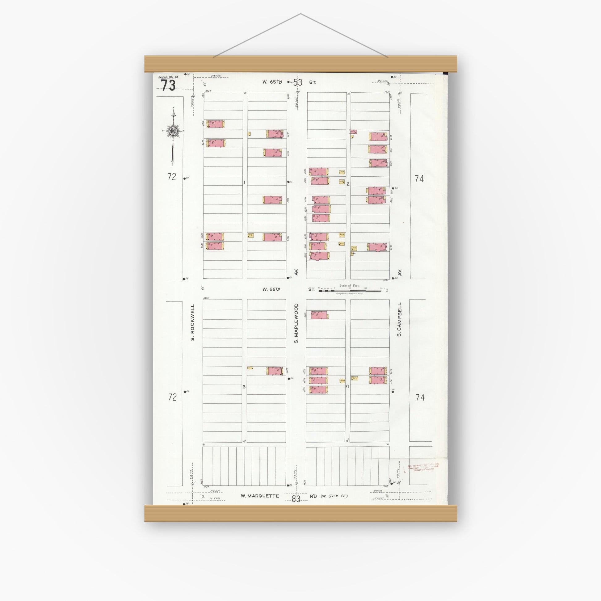 Old map wall art mockup — magnetic wood frame on white wall — Sanborn Fire Insurance Map from Chicago, Cook County, Illinois (1920), Sheet #0073