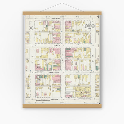 Old map wall art mockup — magnetic wood frame on white wall — Sanborn Fire Insurance Map from Sheboygan, Sheboygan County, Wisconsin (1887), Sheet #0004